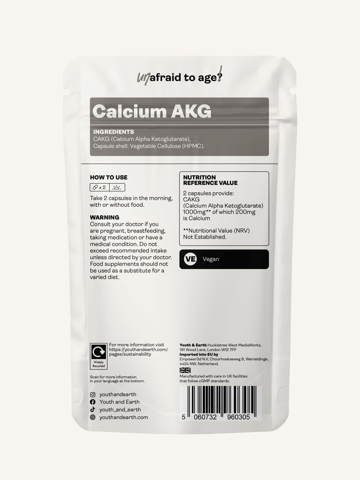 Calcium Alpha Keto-Glutarate (CALCIUM AKG) – 500mg x 60 Capsules Calcium Alpha Keto-Gluterate Youth & Earth