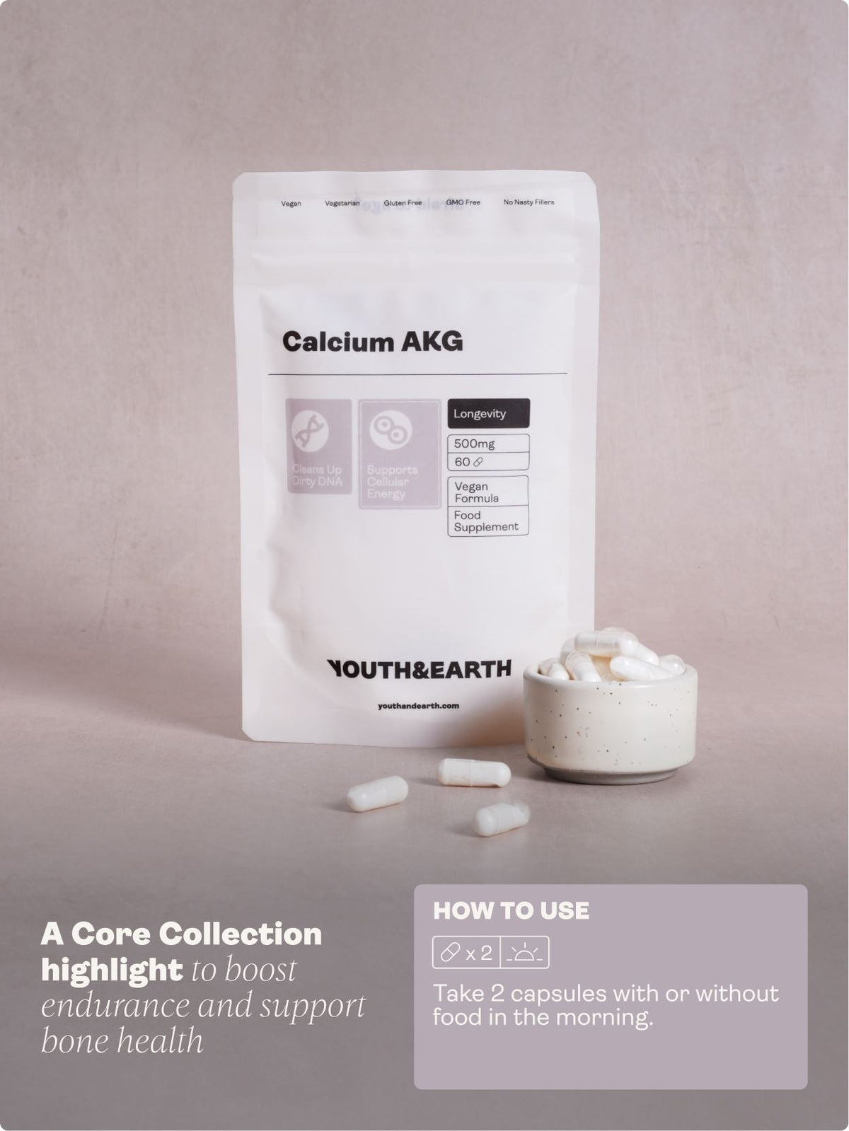 Calcium Alpha Keto-Glutarate (CALCIUM AKG) – 500mg x 60 Capsules Calcium Alpha Keto-Gluterate Youth & Earth