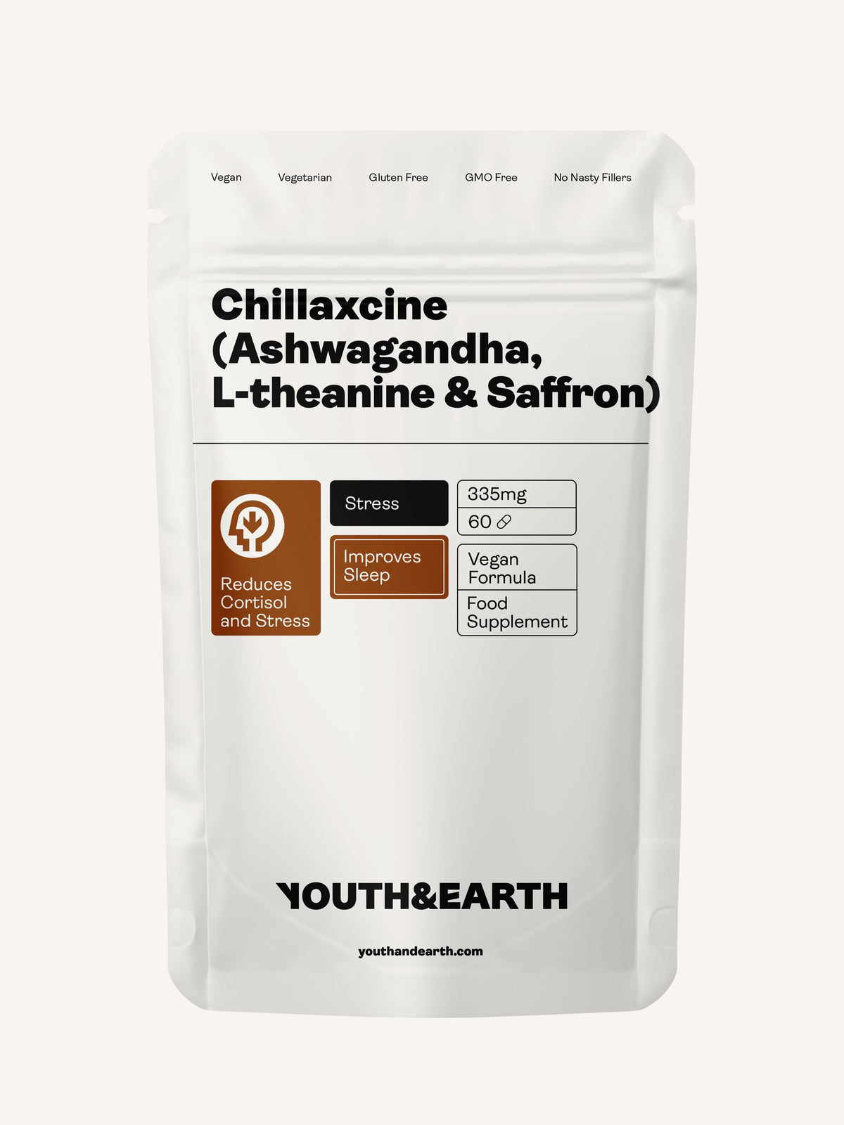 CHILLAXCINE (Ashwagandha, L-theanine & Saffron) – 335mg x 60 Capsules Ashwagandha, L-theanine & Saffron Youth & Earth