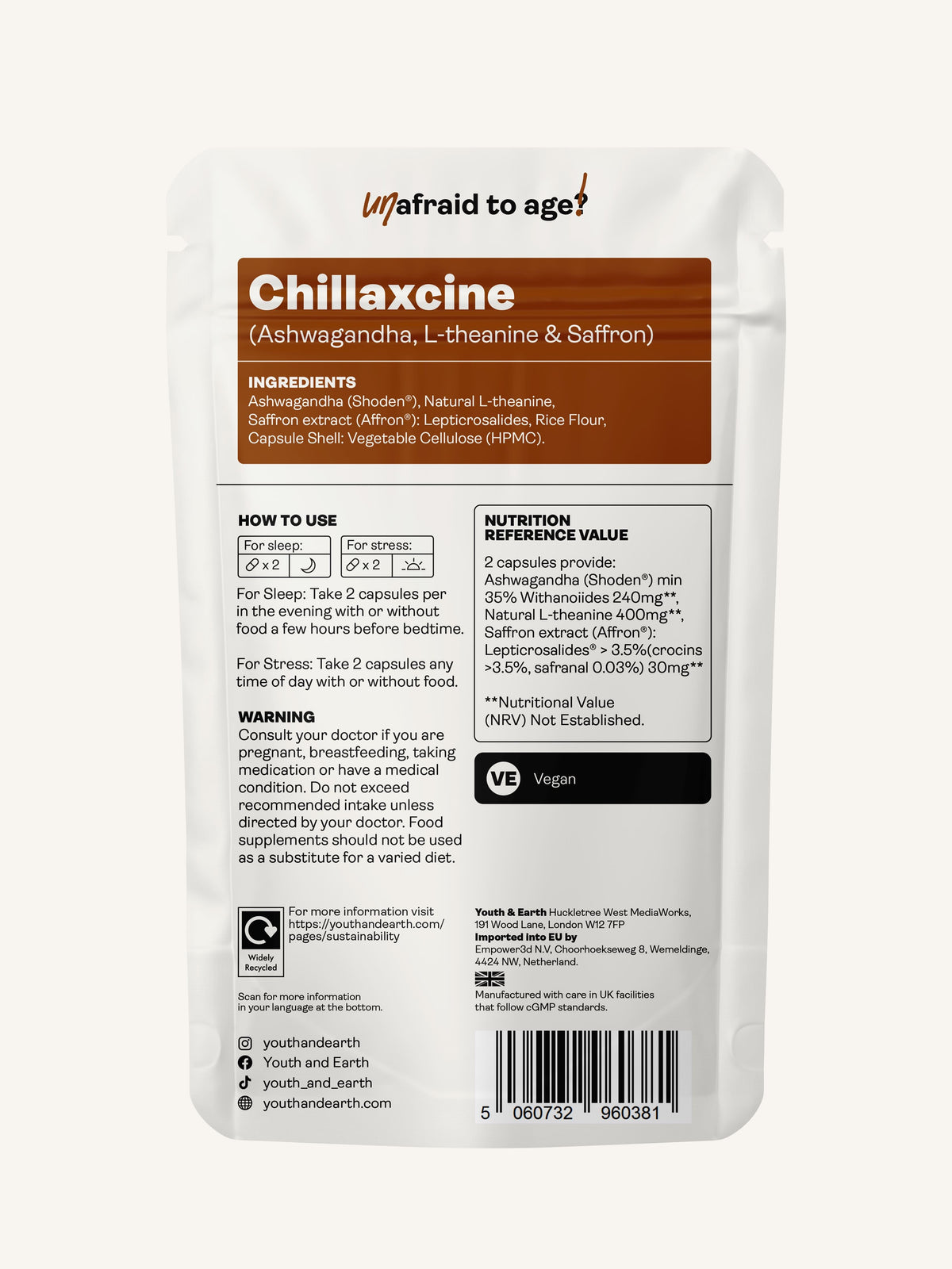 CHILLAXCINE (Ashwagandha, L-theanine & Saffron) – 335mg x 60 Capsules Ashwagandha, L-theanine & Saffron Youth & Earth