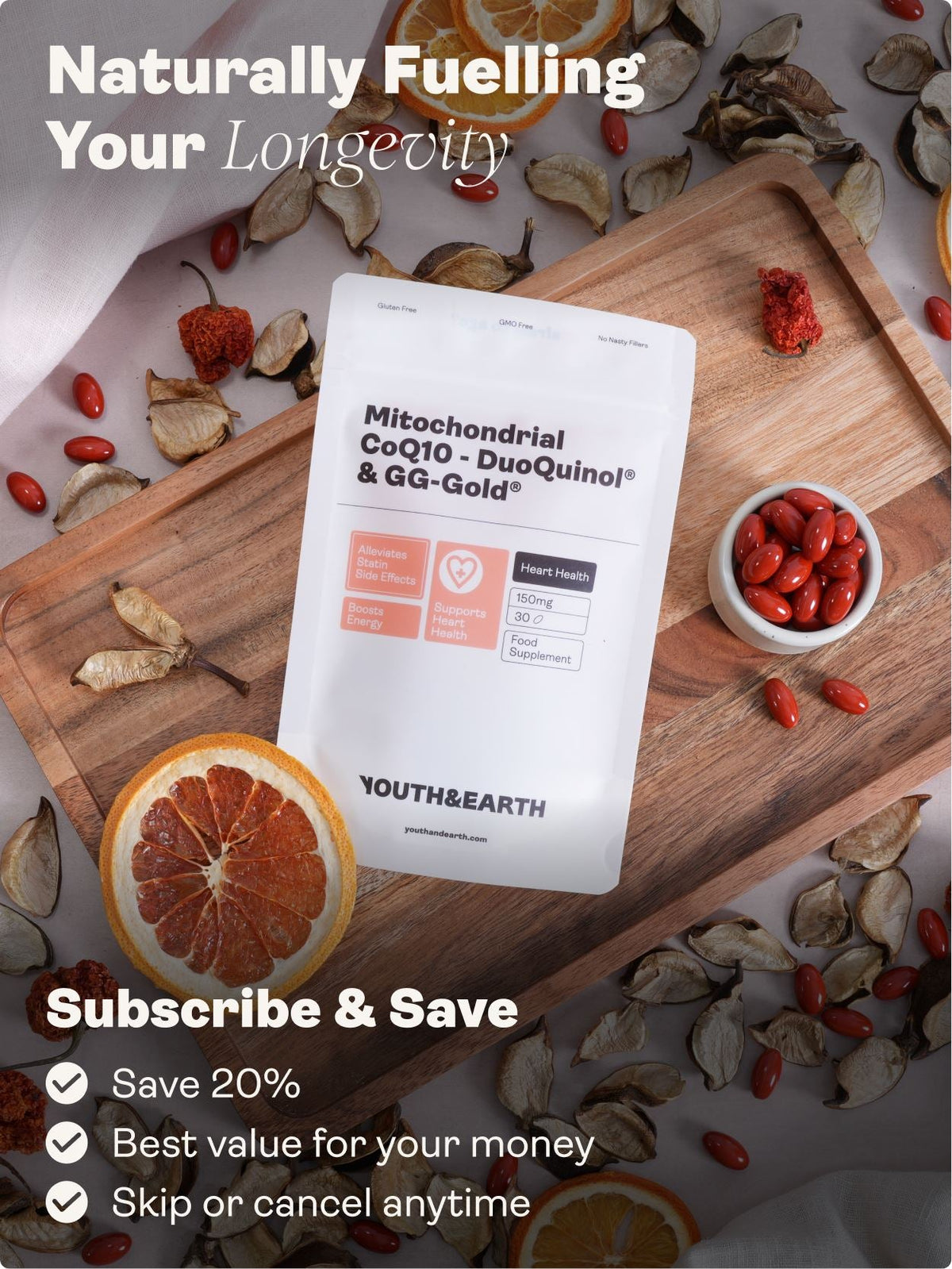 Mitochondrial CoQ10 - DuoQuinol® & GG-Gold® – 150mg x 30 Softgels Youth & Earth