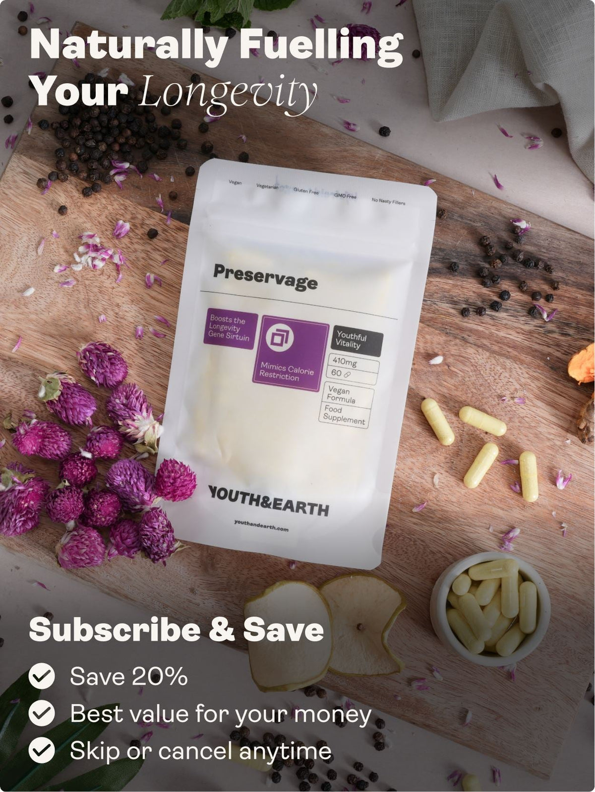 Preservage (Trans-Resveratrol, Curcumin, Quercetin, BioPerine) – 410mg x 60 Capsules Sirtuin Activator Youth & Earth