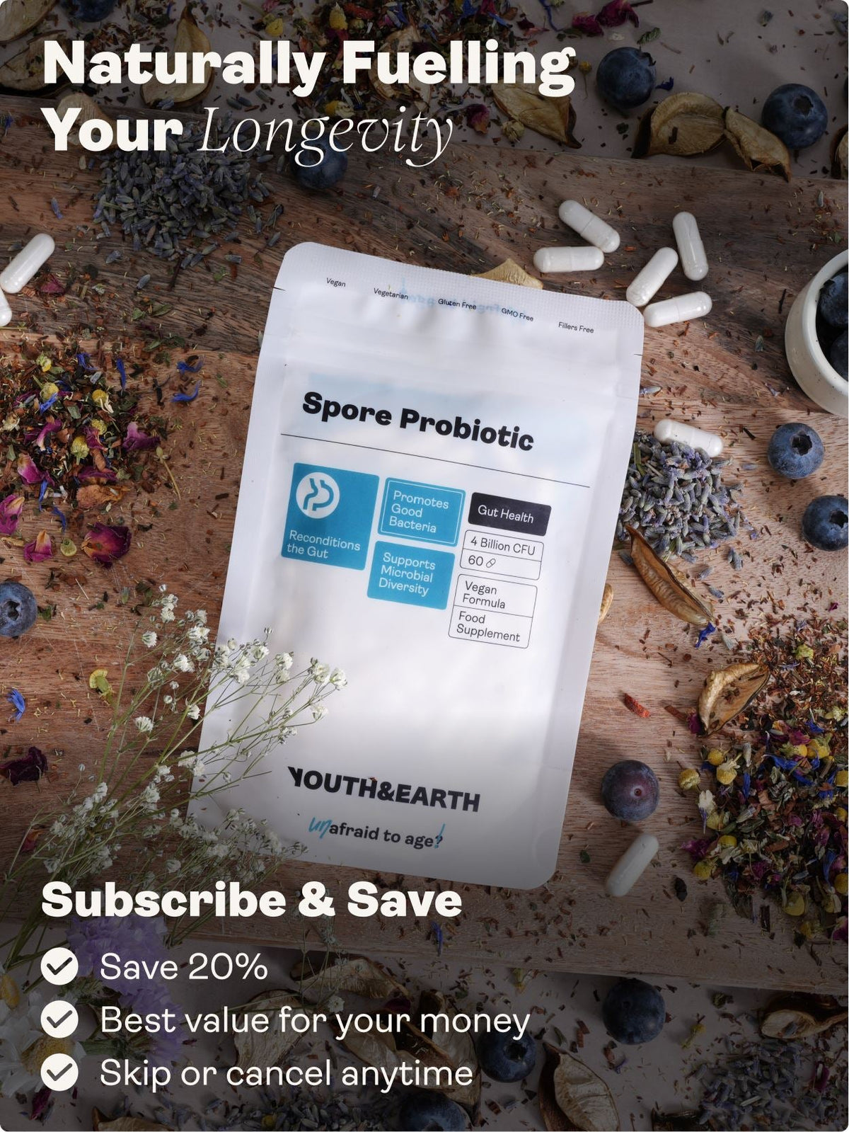 Spore Probiotic (Bacillus subtilis HU58®, Bacillus coagulans SC208 & Bacillus clausii SC109) – 4 billion CFU count x 60 Capsules Youth & Earth