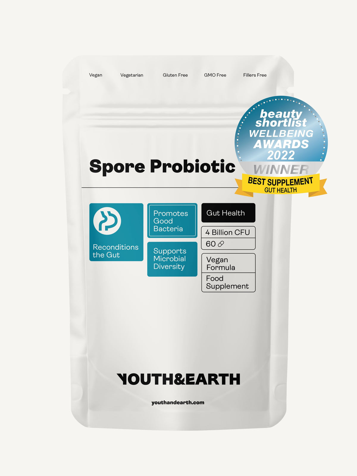 Spore Probiotic (Bacillus subtilis HU58®, Bacillus coagulans SC208 & Bacillus clausii SC109) – 4 billion CFU count x 60 Capsules Youth & Earth
