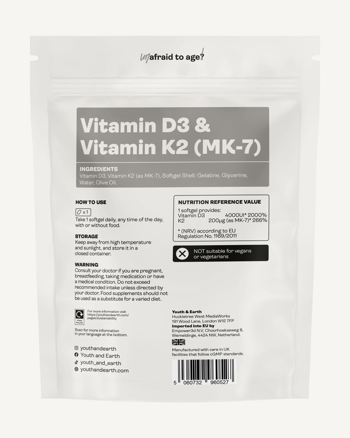Vitamin D3 4000UI + K2 200mcg x 90 Softgels (3 months supply) youthandearth