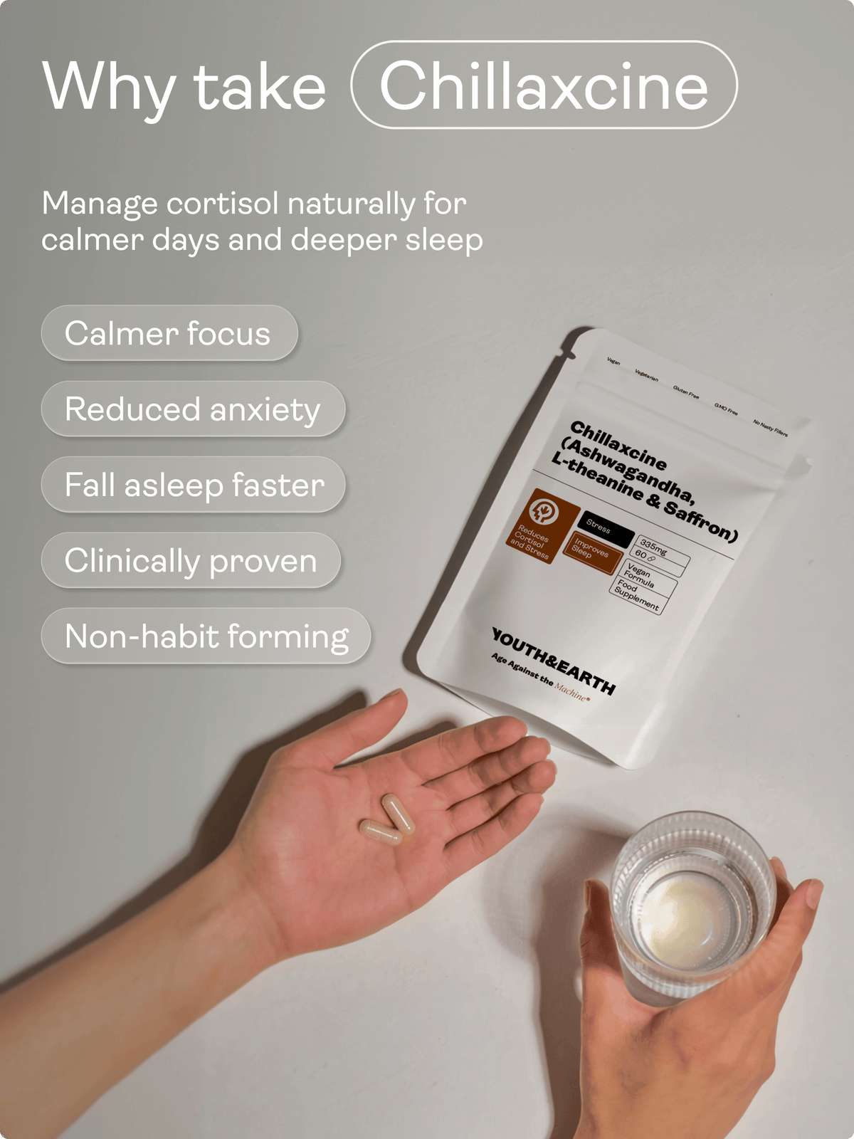 CHILLAXCINE (Ashwagandha, L-theanine & Saffron) 335mg, 60 Capsules