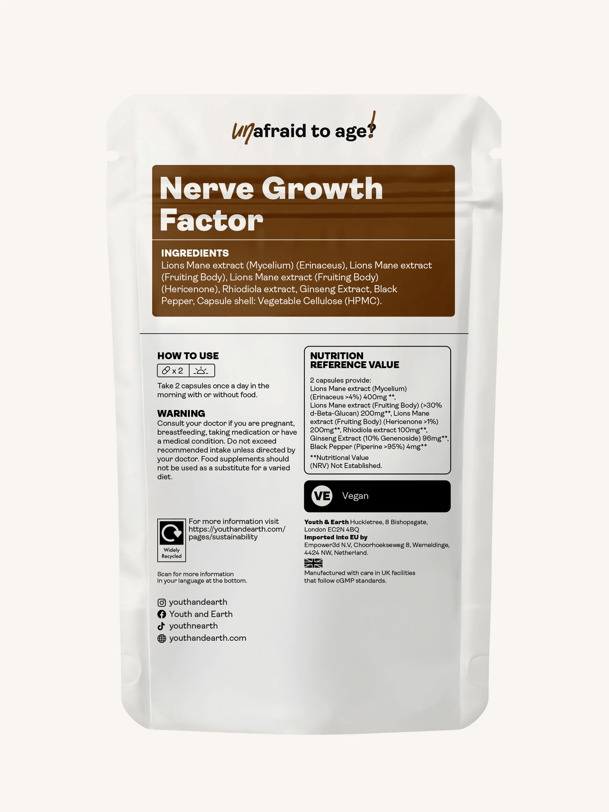 Nerve Growth Factor (Full Spectrum Lion's Mane Mushroom, Rhodiola, Ginseng, Bioperine) – 500mg, 60 Capsules