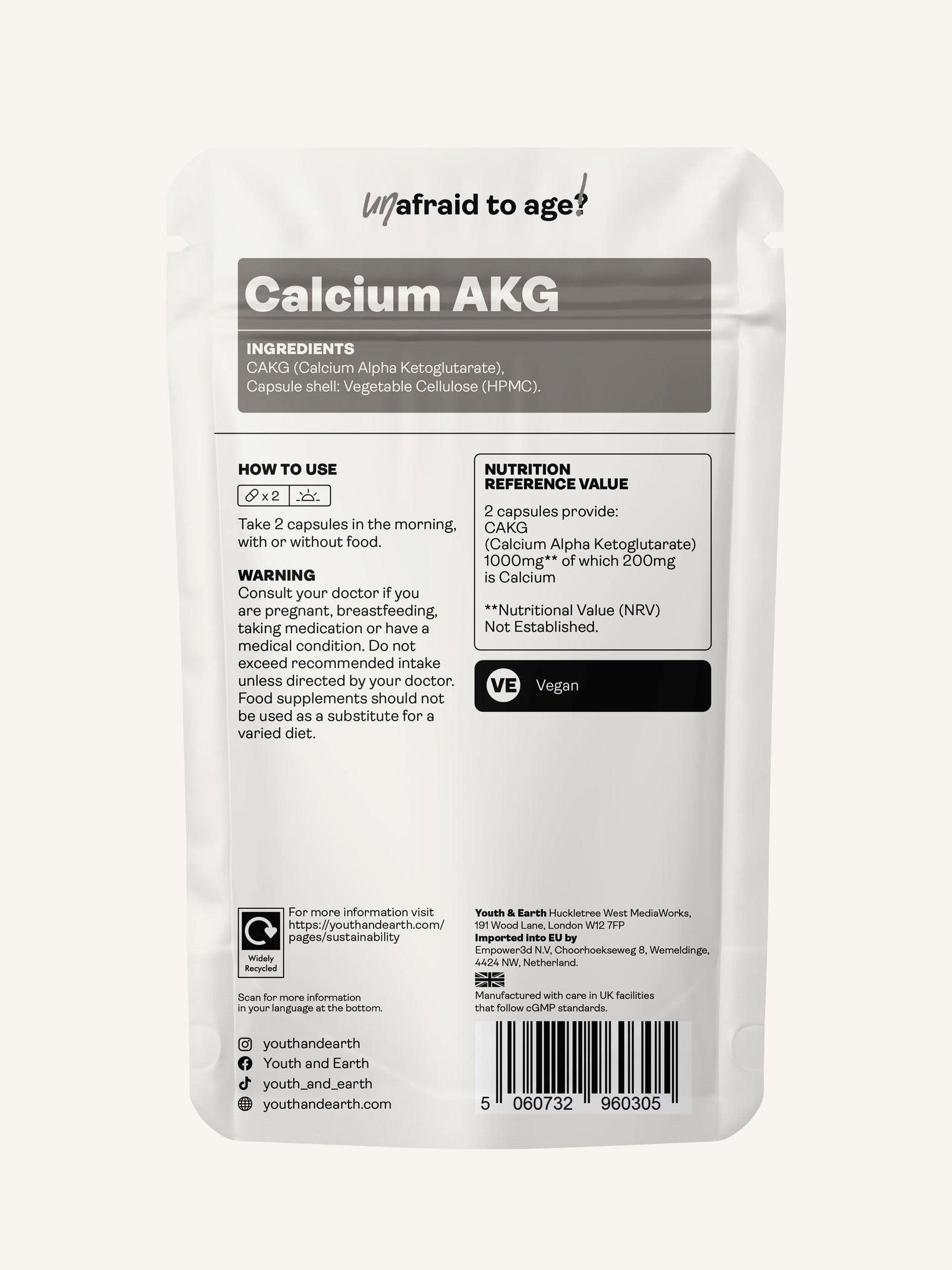 Calcium Alpha Keto-Glutarate (CALCIUM AKG) – 500mg x 60 Capsules Calcium Alpha Keto-Gluterate Youth & Earth 