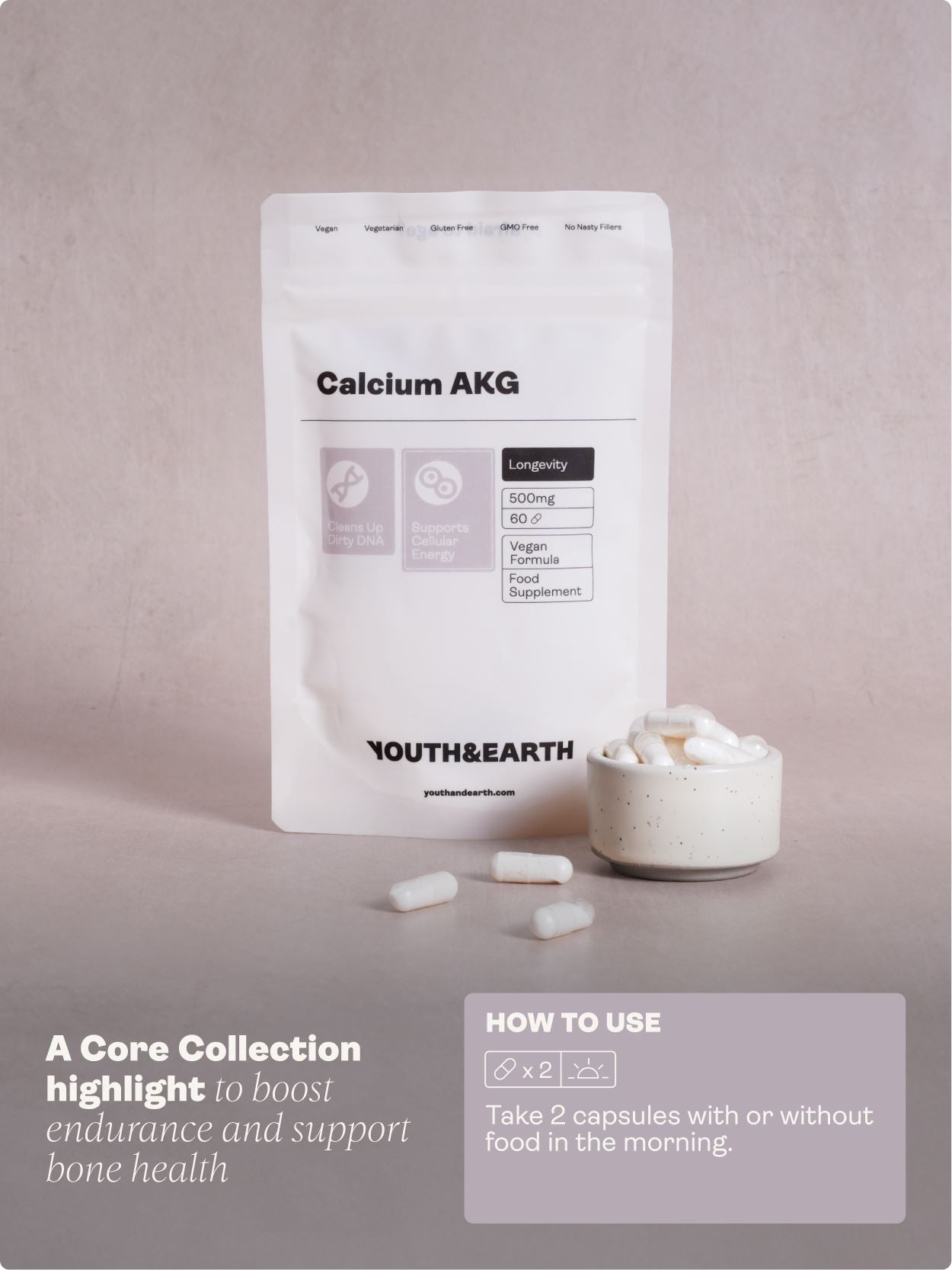 Calcium Alpha Keto-Glutarate (CALCIUM AKG) – 500mg x 60 Capsules Calcium Alpha Keto-Gluterate Youth & Earth 