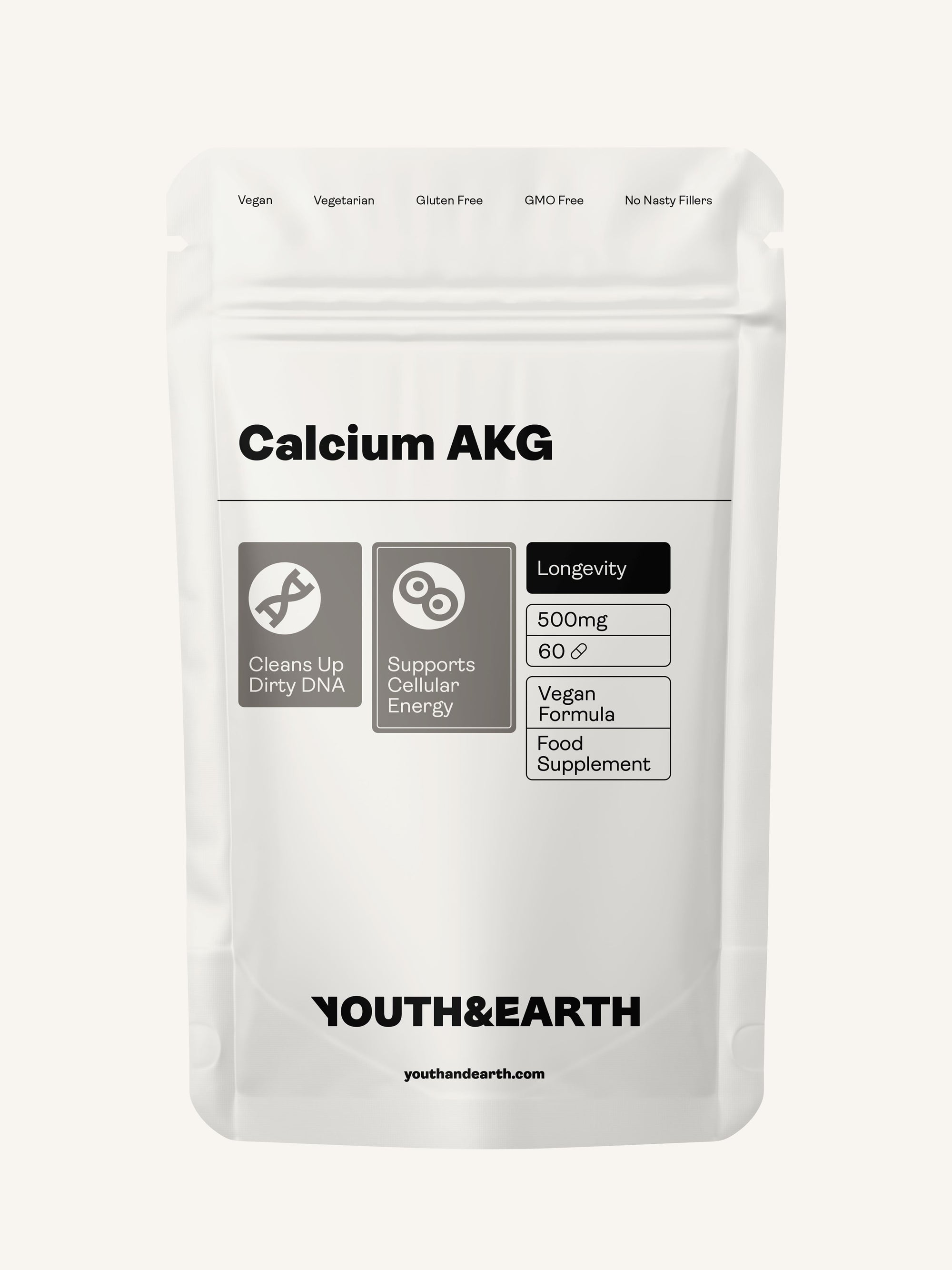 Calcium Alpha Keto-Glutarate (CALCIUM AKG) – 500mg x 60 Capsules Calcium Alpha Keto-Gluterate Youth & Earth 