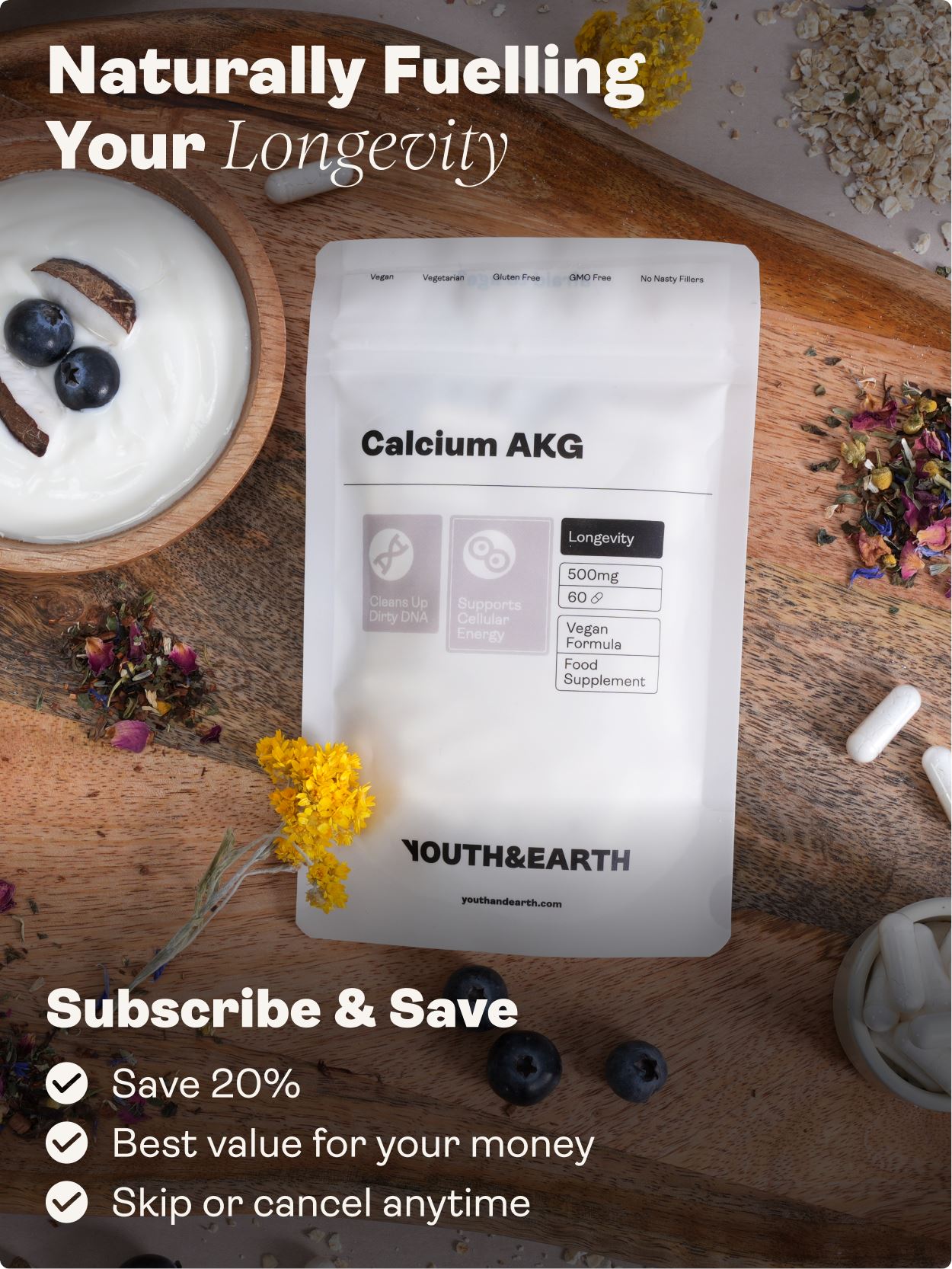 Calcium Alpha Keto-Glutarate (CALCIUM AKG) – 500mg x 60 Capsules Calcium Alpha Keto-Gluterate Youth & Earth 
