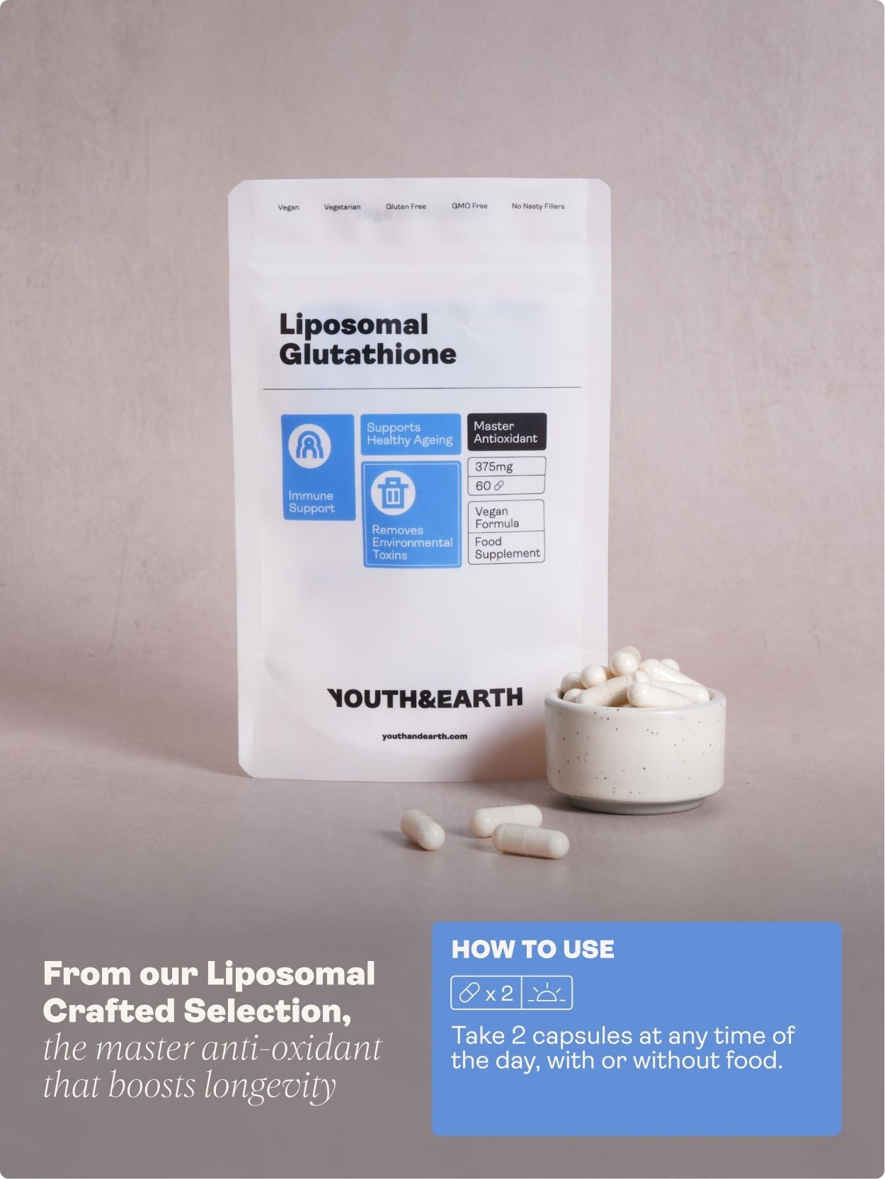 Liposomal Glutathione – 375mg x 60 Capsules Skin & Hair Youth & Earth 