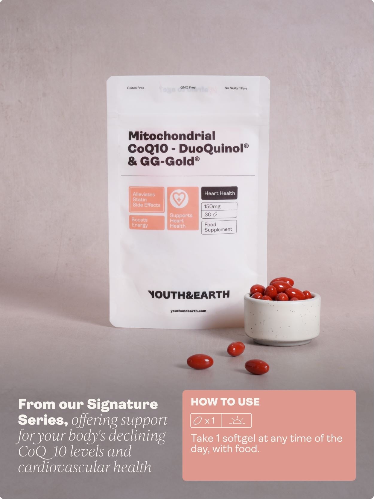 Mitochondrial CoQ10 - DuoQuinol® & GG-Gold® – 150mg x 30 Softgels Youth & Earth 