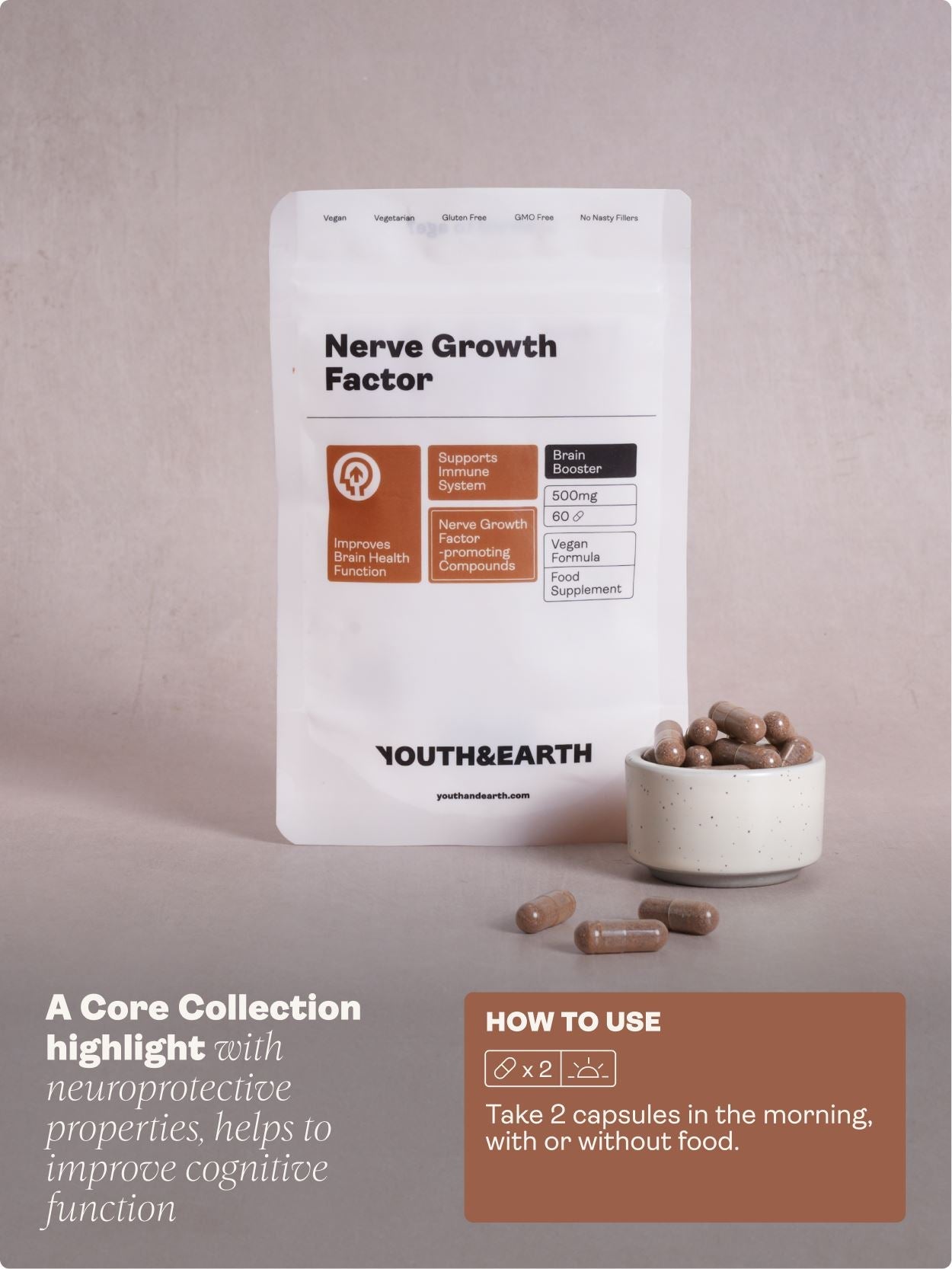Nerve Growth Factor (Full Spectrum Lion's Mane Mushroom, Rhodiola, Ginseng, Bioperine) – 500mg x 60 Capsules Youth & Earth 