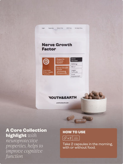 Nerve Growth Factor (Full Spectrum Lion's Mane Mushroom, Rhodiola, Ginseng, Bioperine) – 500mg x 60 Capsules Youth & Earth 