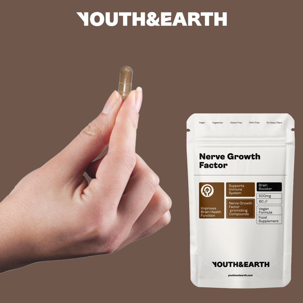 Nerve Growth Factor (Full Spectrum Lion's Mane Mushroom, Rhodiola, Ginseng, Bioperine) – 500mg x 60 Capsules Youth & Earth 