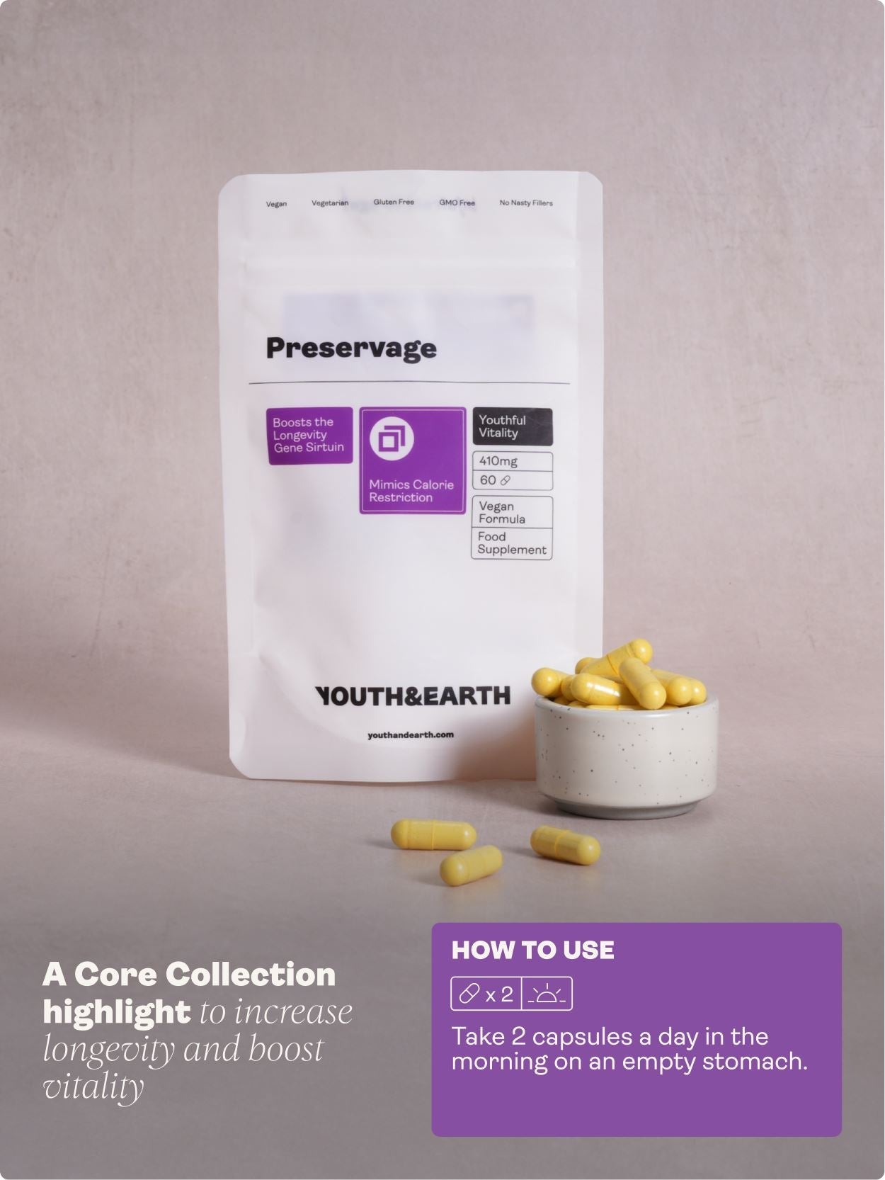 Preservage (Trans-Resveratrol, Curcumin, Quercetin, BioPerine) – 410mg x 60 Capsules Sirtuin Activator Youth & Earth 