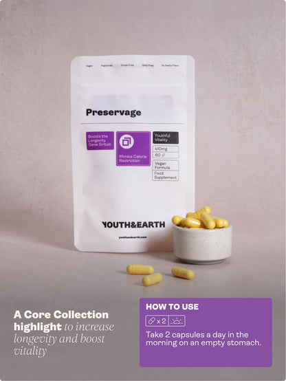 Preservage (Trans-Resveratrol, Curcumin, Quercetin, BioPerine) – 410mg x 60 Capsules Sirtuin Activator Youth & Earth 