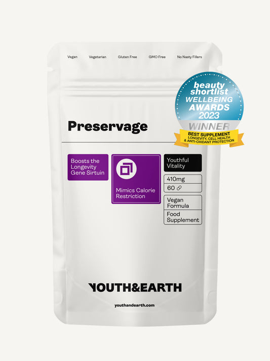 Preservage (Trans-Resveratrol, Curcumin, Quercetin, BioPerine) – 410mg x 60 Capsules Sirtuin Activator Youth & Earth 