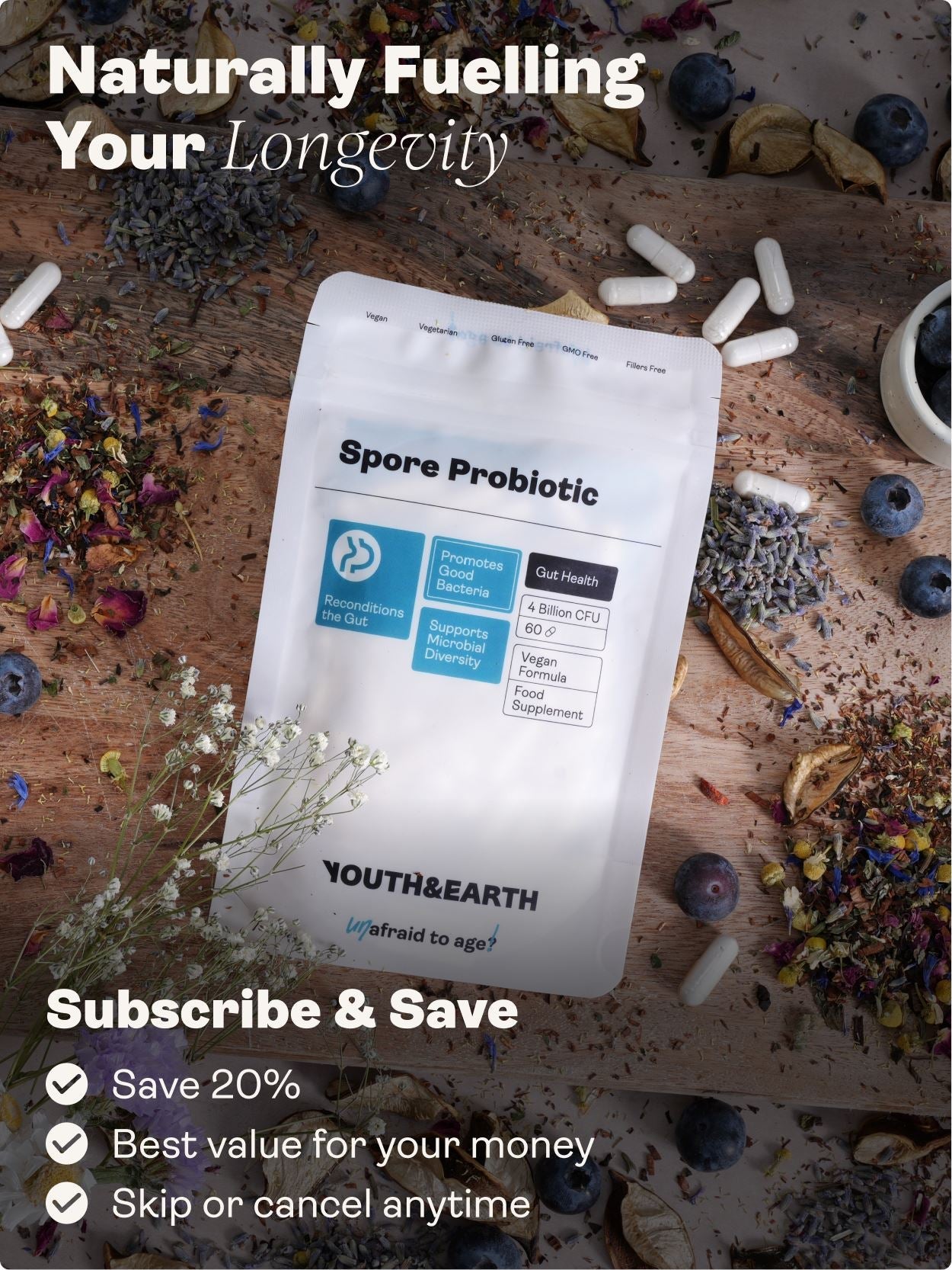 Spore Probiotic (Bacillus subtilis HU58®, Bacillus coagulans SC208 & Bacillus clausii SC109) – 4 billion CFU count x 60 Capsules Youth & Earth 