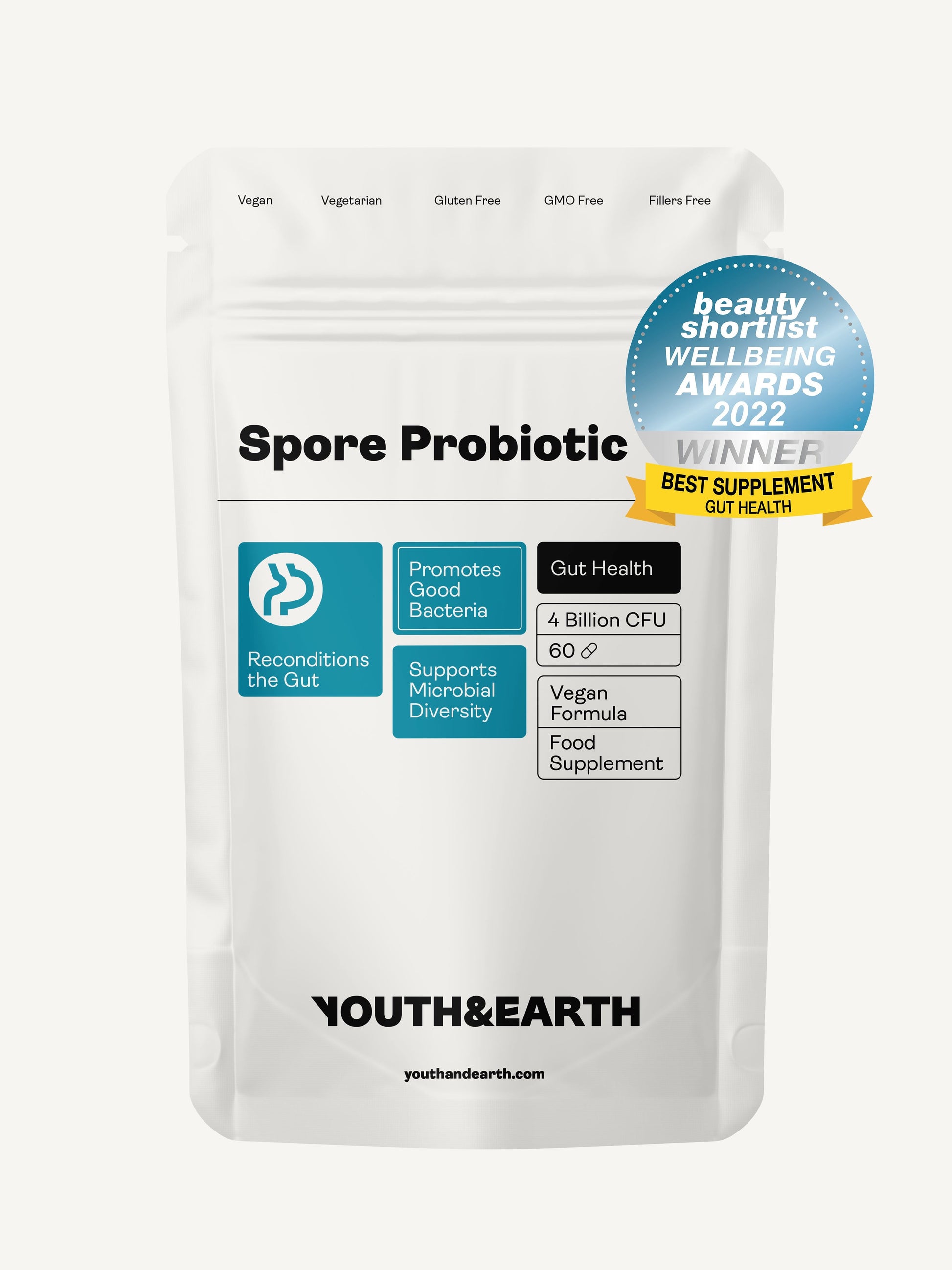 Spore Probiotic (Bacillus subtilis HU58®, Bacillus coagulans SC208 & Bacillus clausii SC109) – 4 billion CFU count x 60 Capsules Youth & Earth 