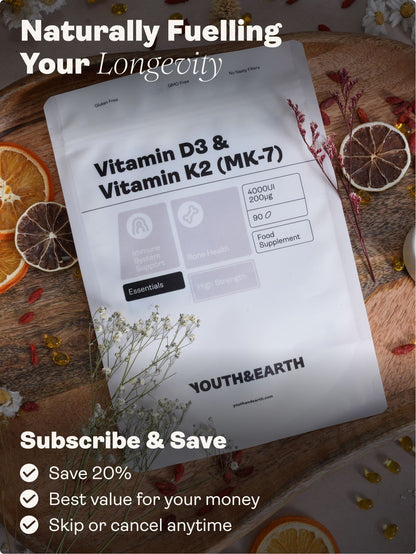 Vitamin D3 4000UI + K2 200mcg x 90 Softgels (3 months supply) Youth & Earth 