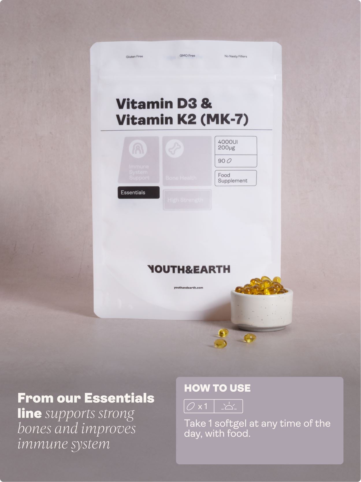 Vitamin D3 4000UI + K2 200mcg x 90 Softgels (3 months supply) Youth & Earth 