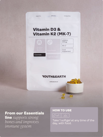Vitamin D3 4000UI + K2 200mcg x 90 Softgels (3 months supply) Youth & Earth 