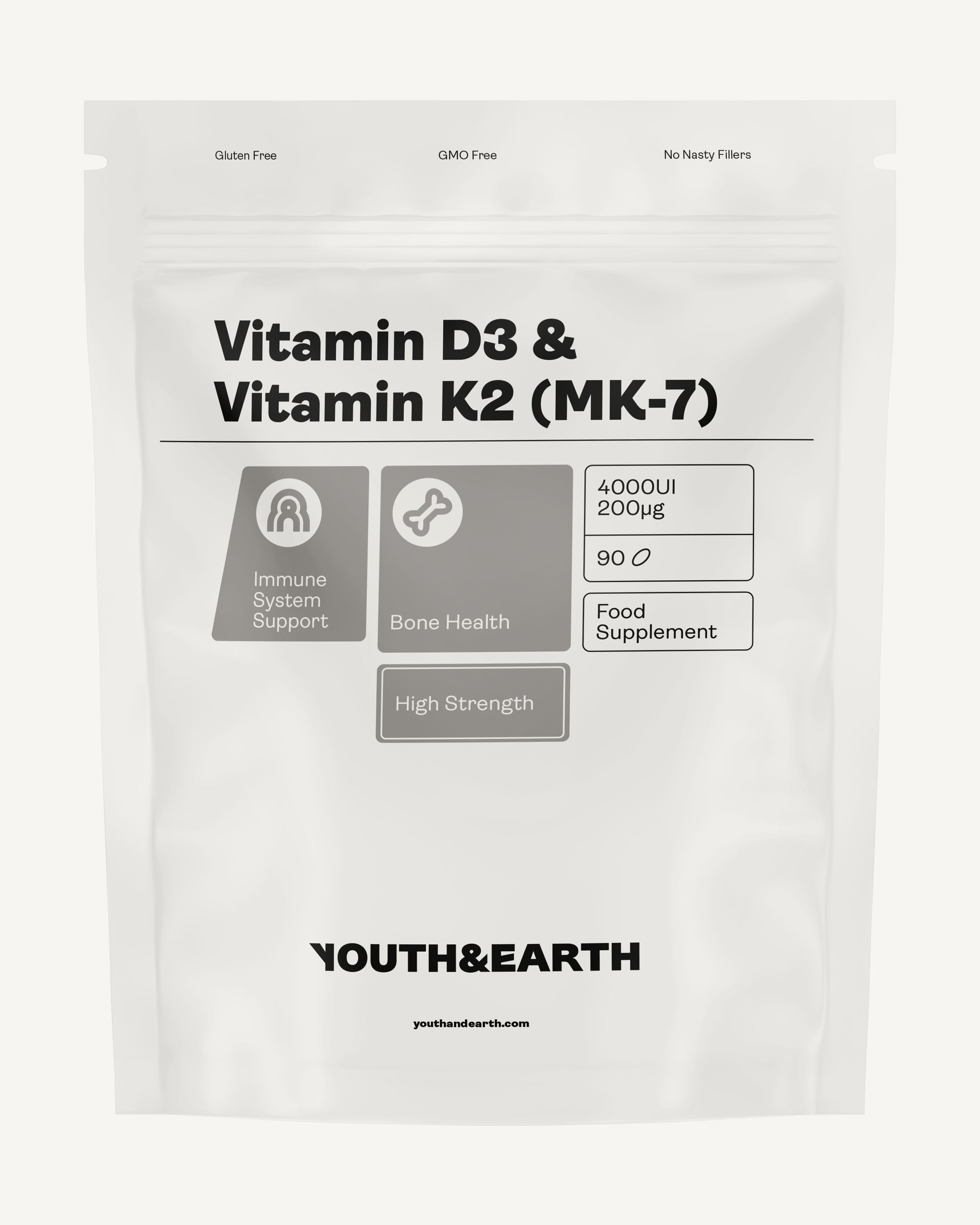Vitamin D3 4000UI + K2 200mcg x 90 Softgels (3 months supply) youthandearth 